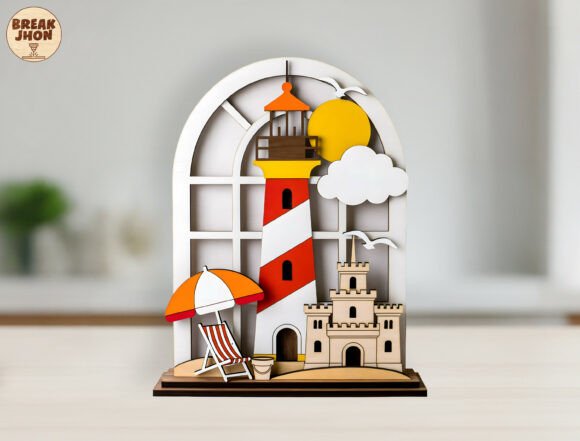 3D Layered Lighthouse Beach Scene SVG: Coastal Charm