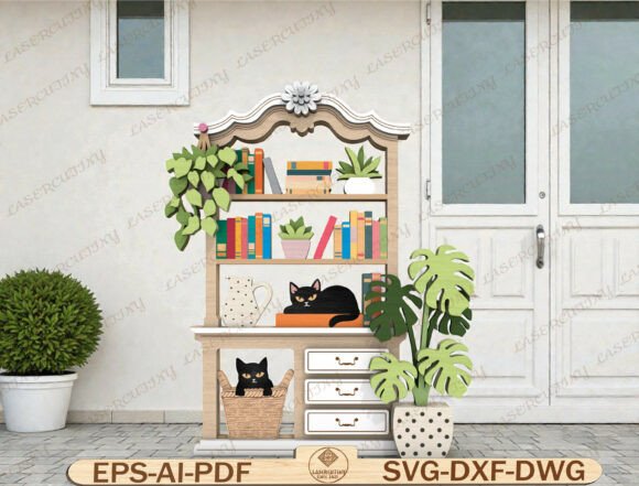Cat Bookshelf Laser Cut File: A Cozy 3D Wood Scene