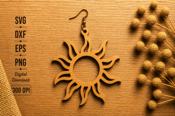 Wooden Sun Earring Laser Cut SVG: Elegant Ornamental Design